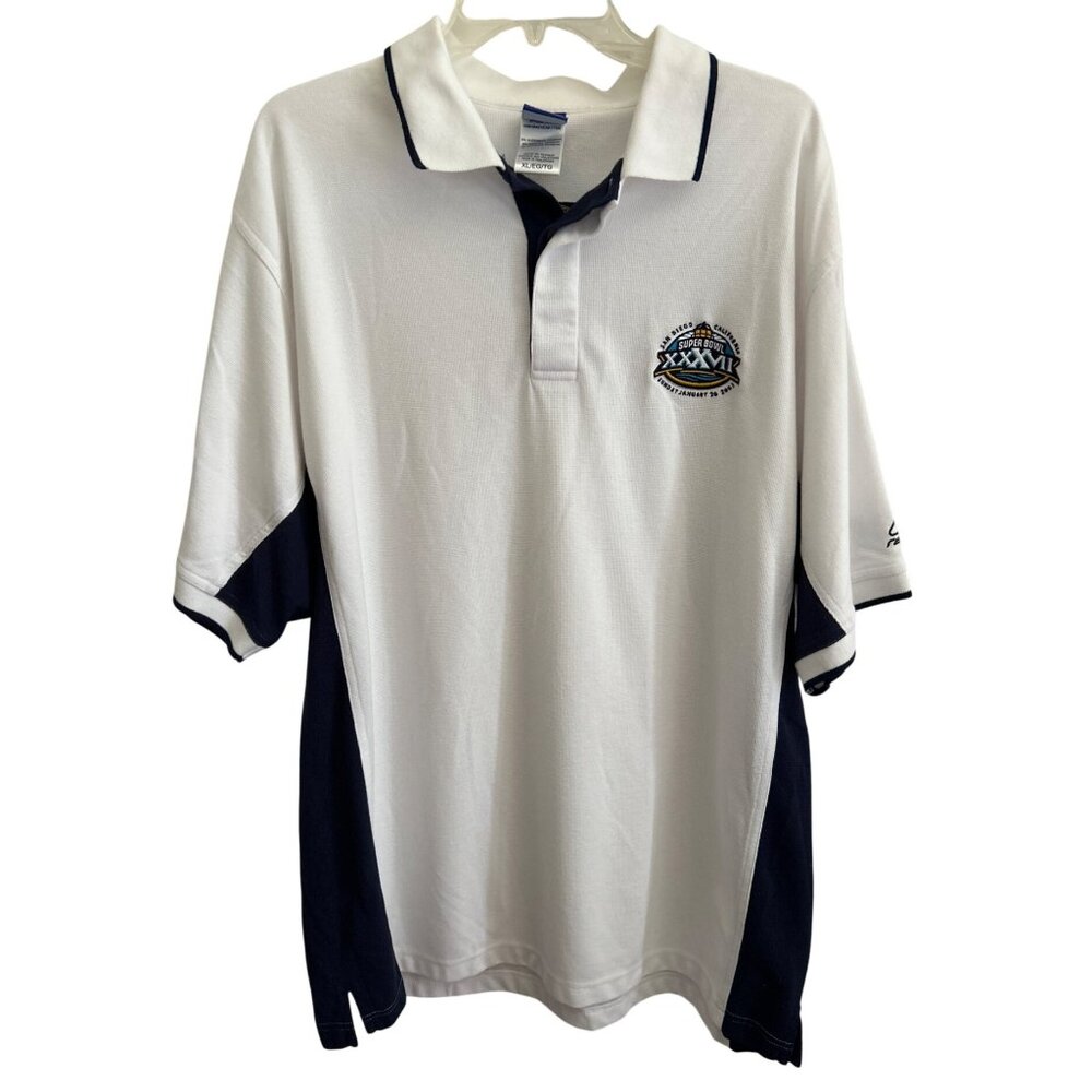 Vintage Reebok NFL Super Bowl XXXVII Polo Shirt XL White/Blue Football Fan Gear
